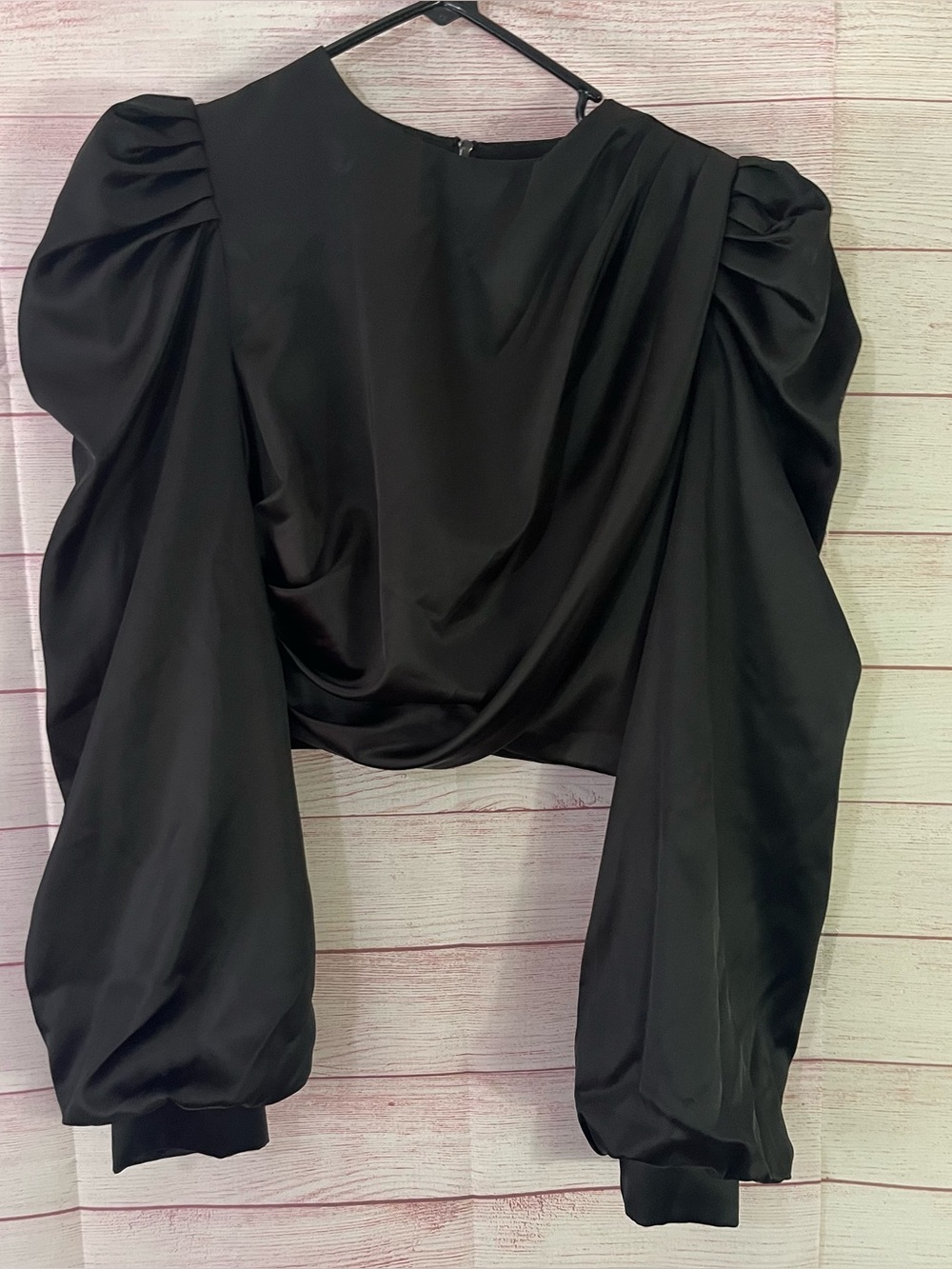 Mare Mare Anthropologie Black Satin Puff Sleeve Full Back Zipper Top Size XS